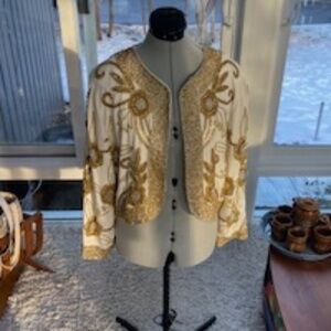 Gorgeous Hand Beaded White and Gold Jacket - M/L